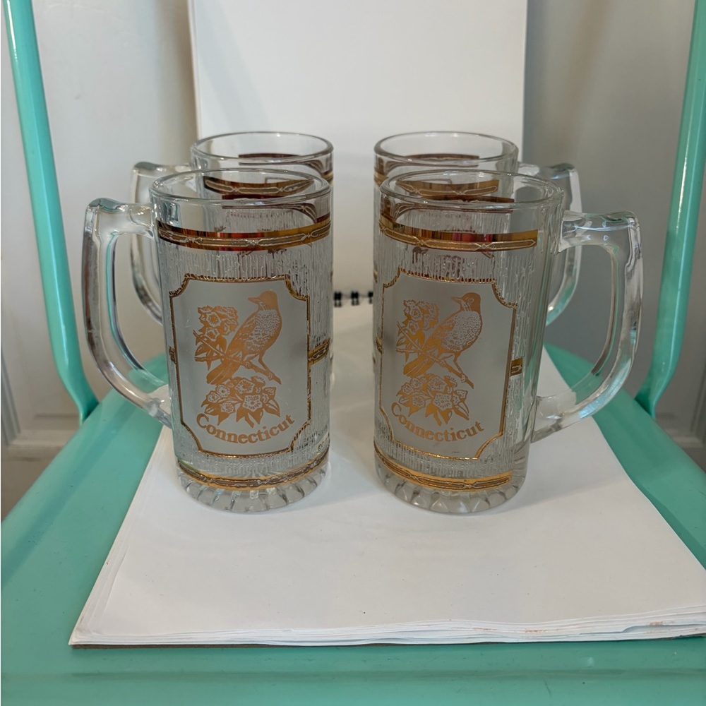 Vintage Culver 22K Gold Connecticut Bird on Blooming Branch Beer Mugs-Set of 4